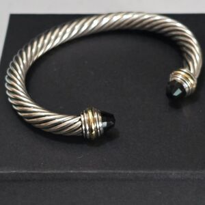 David Yurman Sterling Silver /18k Yellow Gold And Onyx Cable Bracelet